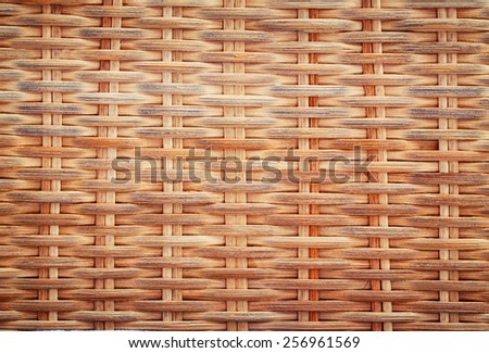 Closeup macro photograph of yellow wicker basket, organic background texture