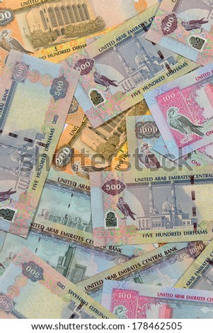 Mixed UAE Dirhams currency notes- above angle