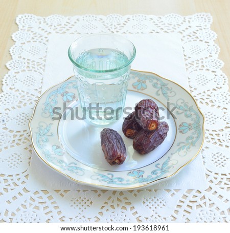 A glass of water and dates- a food to break fast during holy month of Ramadan