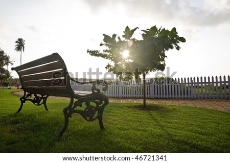 An old bench in the park at against sunset.