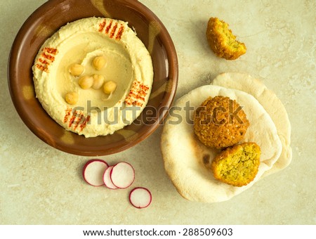 Hummus, with fried falafel and pita bread - a popular middle-eastern food.