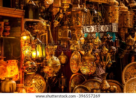 Various arabic antique objects displayed in an old shop in the bazaar. Typical shop in an egyptian market.