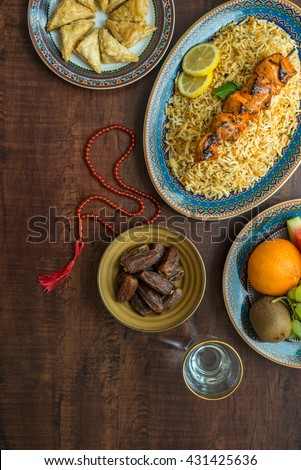 A typical spread of Iftar food dishes. A variety of food is consumed after sunset during Holy month of Ramadan.