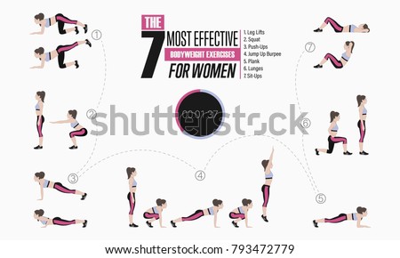 Set of sport exercises. Exercises with free weight. Leg lifts, Squats, Push-Ups, Burpee, Plank, Lunges, Sit-Ups. Illustration of an active lifestyle Vector