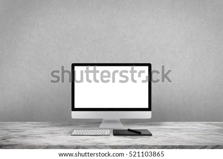 White screen computer in room on gray table and camera film, workplace