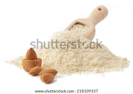 almond flour with almond blossom isolated on white background