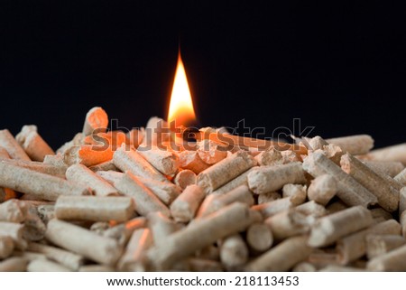 Pellets on a black background with flame