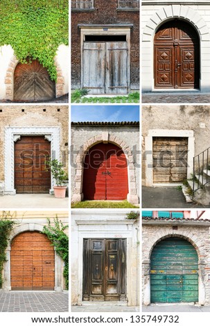 A photo collage of 9  front doors to houses and homes. Doors are  wood and old.