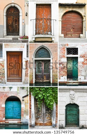 A photo collage of 9  doors to houses and homes. Doors are  wood and old.