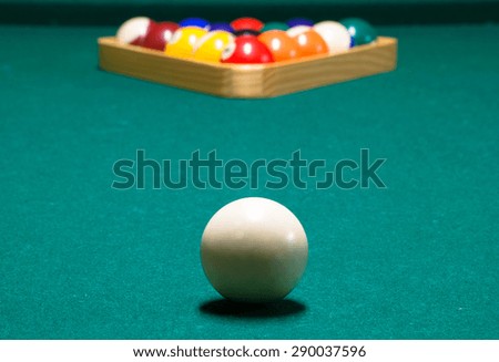 Cue ball, and rack, on a pool table