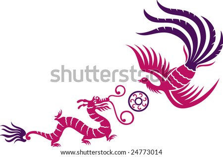 stock vector A decorative Phoenix and dragon with fireball