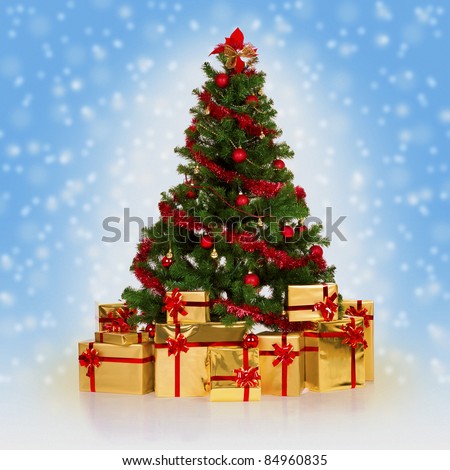 Christmas fir tree and gifts over blue background with snowflakes.