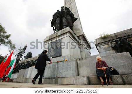 Sofia, Bulgaria - September 9, 2014: People are leaving flowers at the Soviet war memorial \