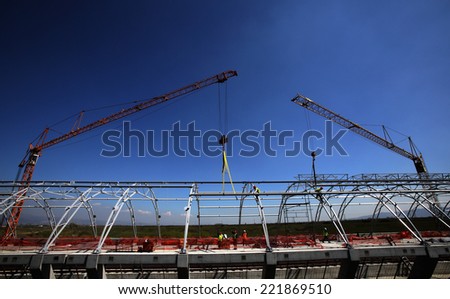 Sofia, Bulgaria - March 31, 2014: Workers are working at a new line of Sofia\'s subway which leads to the city\'s airport.