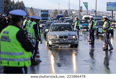 Sofia, Bulgaria - December 4, 2012: Traffic police conductes inspections of motor vehicles on ring road of Sofia, Bulgaria.