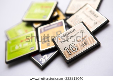 Compact flash memory cards/Sofia, Bulgaria - July 22, 2014: Multiple Compact flash memory cards on white background.