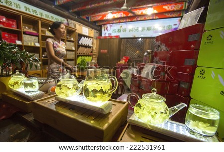 Chengdu, China - August 8, 2014: A tea stall at Jinli Street in Chengdu is seen near the main alley of the market street.