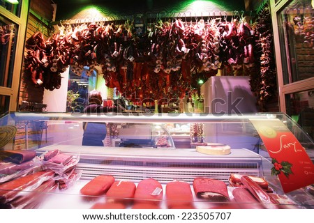 Kavala, Greece - March 1, 2014: Flat sausages are hanging from the ceiling of a meat shop at the center of Kavala city, Greece.