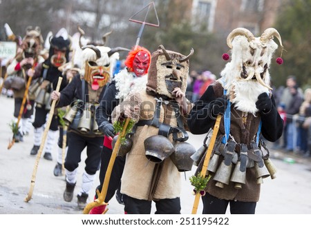 Pernik, Bulgaria - January 31, 2015: Participants are participating in the International Festival of Masquerade Games Surva. The festival promotes variations of ancient Bulgarian and foreign customs.