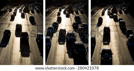 Photo collage of people traveling by cars at rush hour at one of the busiest boulevard in Sofia. Bulgaria\'s capital has the most polluted air in the EU.