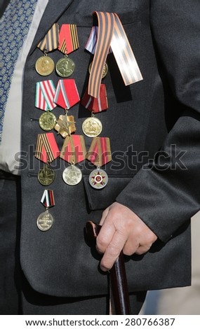 Sofia, Bulgaria - May 9, 2015: Bulgarian veteran from World War Two with his medals is participating at the 70 anniversary event from the end of the war.
