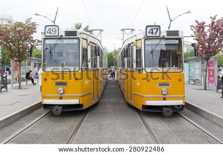 Budapest, Hungary - April 30, 2015: Two trolley cars are seen at their last train stations in Budapest, Hungary.