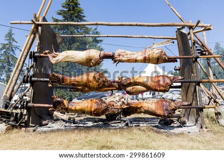 Traditional Bulgarian roasting lamb barbecue. It is roasted meat over an open fire, cooked in a special way. Most often the barbecue is prepared of a lamb, goat or sheep and processed by the slasher.