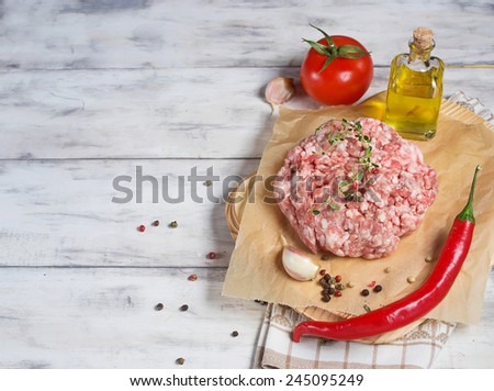 Raw minced meat with pepper, garlic, olive oil and salt on butcher paper. Space for text