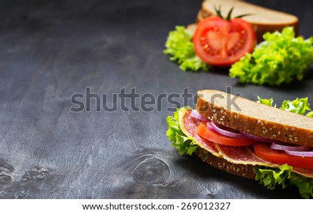 Sandwich with tomato, salami, salad, onion on dark background. Selective focus. Copy space background