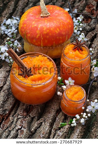 Sweet pumpkin jam in jar. Selective focus