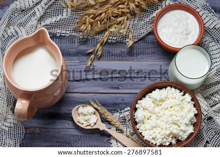 Dairy products: milk, cottage cheese, sour cream. Selective focus. Copy space background