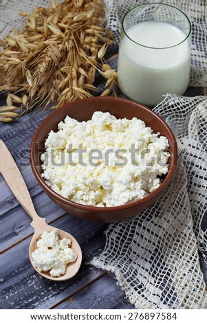 Dairy products milk and cottage cheese  for jewish holiday Shavuot. Selective focus.