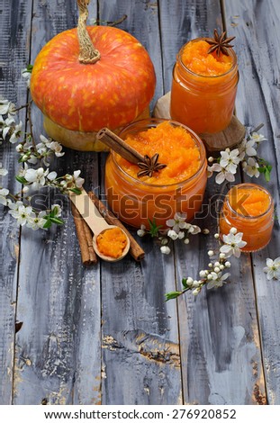 Sweet pumpkin jam in jar. Selective focus