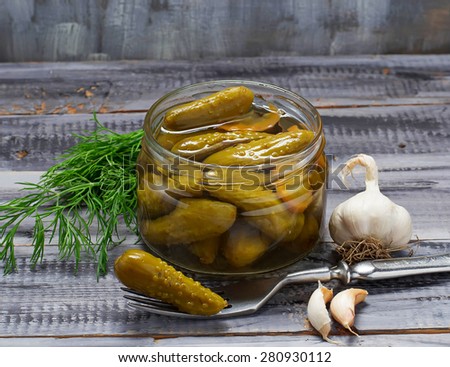 Pickled cucumbers, homemade preserved. Selective focus