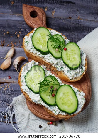 Vegetarian sandwiches with cottage cheese and cucumber. Selective focus
