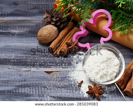 Ingredients for Christmas cookies - flour, anise, cinnamon. Selective focus
