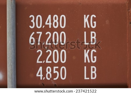 Section of old dusty red metal shipping container secured with grey metal bar. White letters and numbers clearly printed and on the surface in kilograms and pounds
