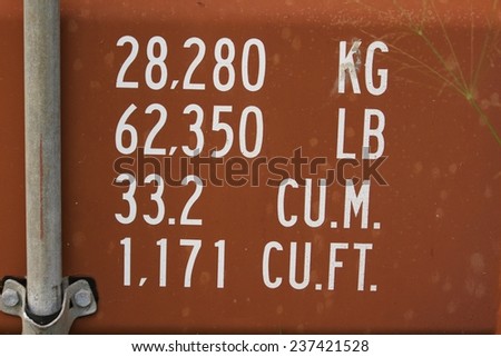 Section of old dusty red metal shipping container secured with grey metal bars and locks  abandoned in a field.White lettering and numbers printed and spray painted on the surface