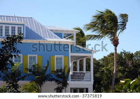 Tropical Blue House With Yellow Shutters And Palm Trees Stock ...