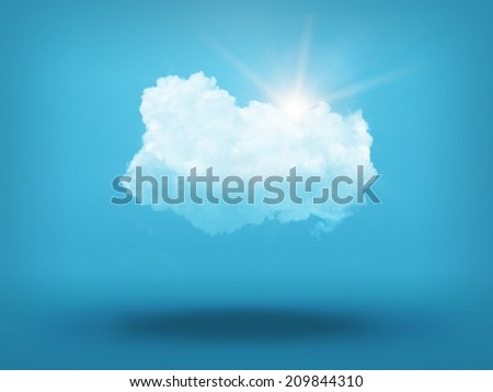 A white cloud on a bright blue background with sun rays shining