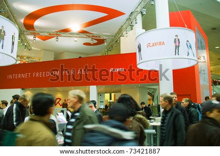 HANNOVER, GERMANY - MARCH 5: stand of Avira on March 5, 2011 in CEBIT computer expo, Hannover, Germany. CeBIT is the world\'s largest computer expo.