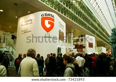 HANNOVER, GERMANY - MARCH 5: stand of G-Data on March 5, 2011 in CEBIT computer expo, Hannover, Germany. CeBIT is the world\'s largest computer expo.