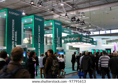 HANNOVER, GERMANY - MARCH 10: stand of Kaspersky Lab on March 10, 2012 in CEBIT computer expo, Hannover, Germany. CeBIT is the world\'s largest computer expo. Kaspersky is a computer security company.