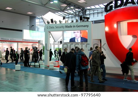 HANNOVER, GERMANY - MARCH 10: stand of G-Data on March 10, 2012 in CEBIT computer expo, Hannover, Germany. CeBIT is the world\'s largest computer expo.