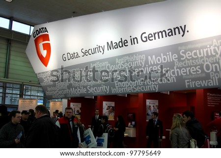 HANNOVER, GERMANY - MARCH 10: stand of G-Data on March 10, 2012 in CEBIT computer expo, Hannover, Germany. CeBIT is the world\'s largest computer expo.