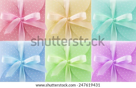 decorative envelopes with ribbon turquoise, peach, pink, purple, mint color