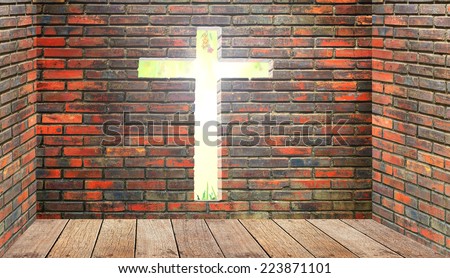 Jesus is light for way of life and give fruitful. Cross channel on room by clay brick wall with wooden floor and brightness fruitful garden.
