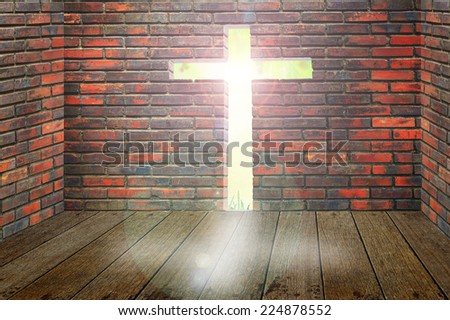Jesus is light of hope. Cross channel on brick wall with cross shadow on wooden paving and natural view.