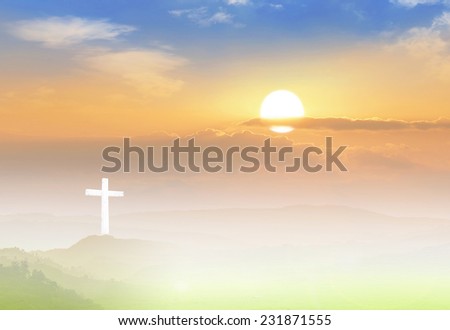 The white cross with amazing light on beautiful autumn sunset background. Christmas, Worship and Praise, Forgiveness, Mercy, Humble, Repentance, Reconcile, Adoration, Glorify, Responsibility concept.