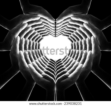 Black and white 84 hands for heart and web shape, web of love.